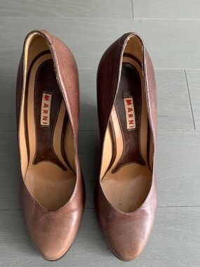 MARNI Platform Heel Brown Leather and Green Patent Leather